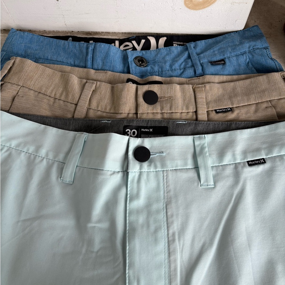 Men’s flat front Hurley shorts trio-Light Blue, Tan and Blue 30” waist